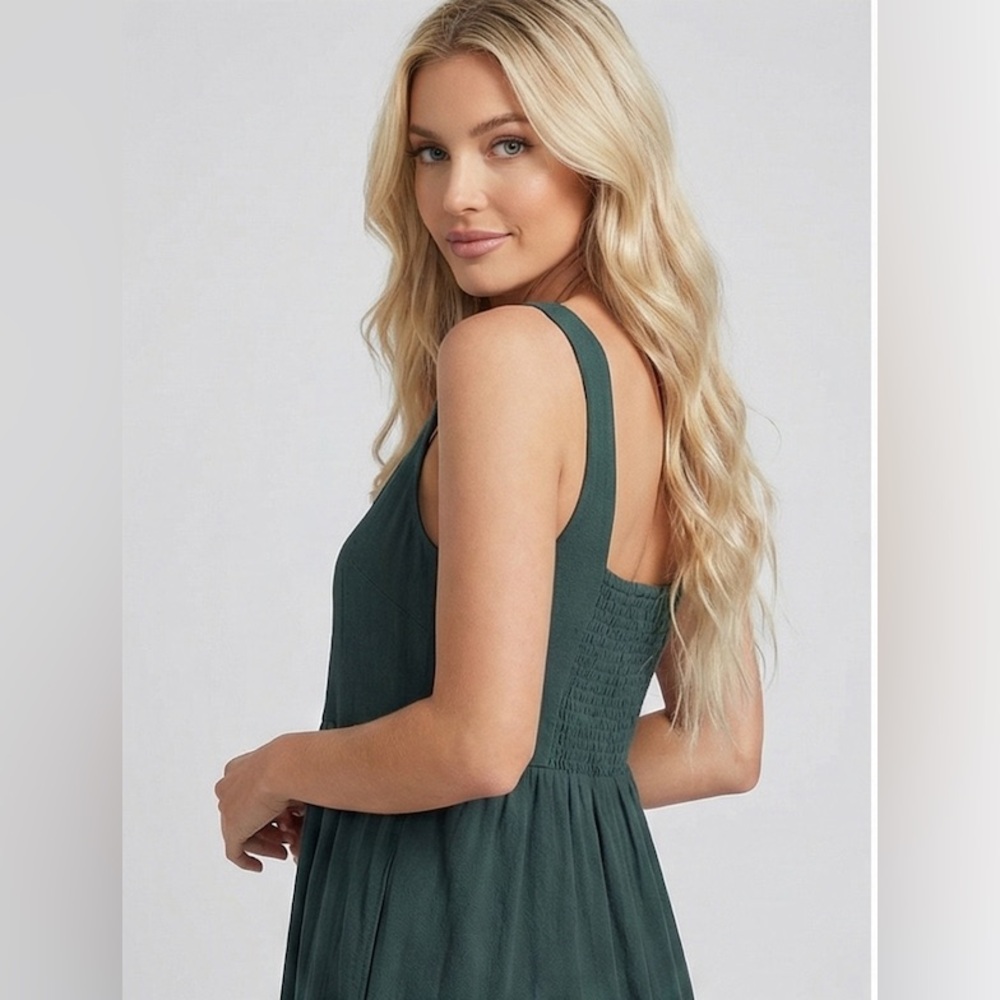 Cotton Sleeveless Tank A- Line Dress Green - Picture 3 of 11